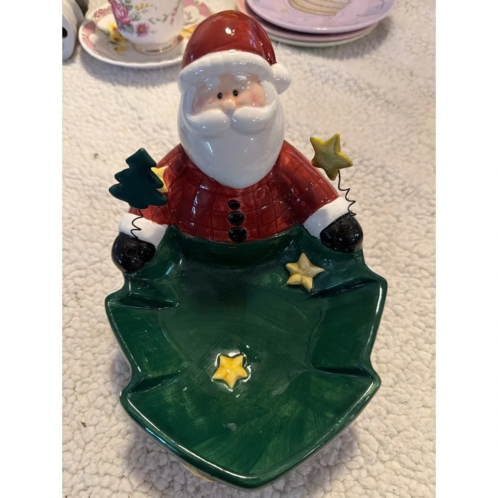 Rainbowman Ceramic Santa Claus Christmas Tree Candy Dish Red Green Holiday Decor